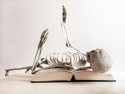 Burnout concept. Tired skeleton lying over book. Tiredness, death, exhaustion