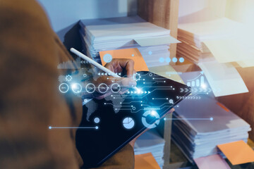 Cyber Security Internet And Networking Concept. Businessman Hand Working With laptop computer and...