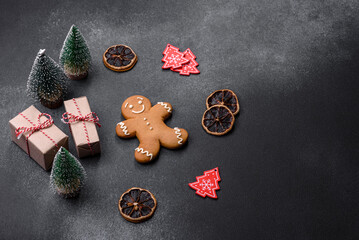 Delicious gingerbread cookies with honey, ginger and cinnamon. Winter composition