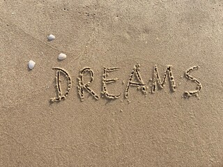 on the beach is carved with letters in the smooth sand the writing Dreams