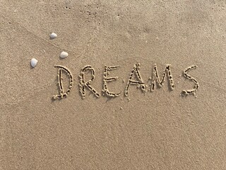 on the beach is carved with letters in the smooth sand the writing Dreams