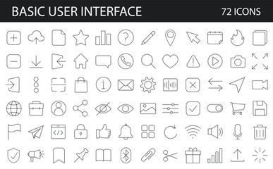Set of 72 essentials basic general user interface icon.  Modern outline symbols collection, minimal style simple linear graphic design elements. Vector line icons
