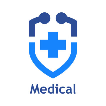 Logo sistema inmunitario. Silueta de estetoscopio m&eacute;dico con forma de escudo con cruz medicina con l&iacute;neas