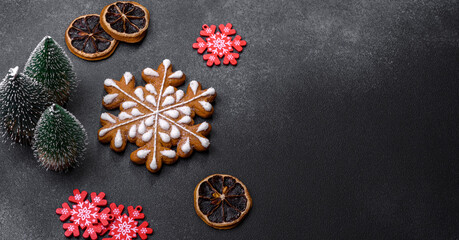 Delicious gingerbread cookies with honey, ginger and cinnamon. Winter composition