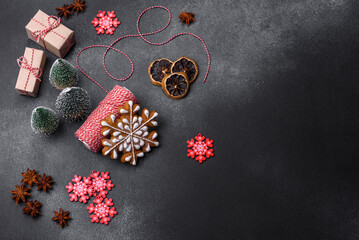 Delicious gingerbread cookies with honey, ginger and cinnamon. Winter composition