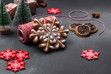 Delicious gingerbread cookies with honey, ginger and cinnamon. Winter composition