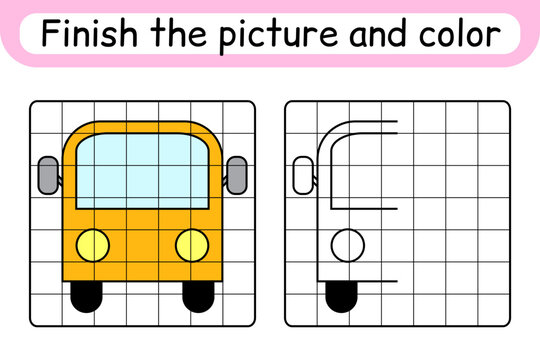 Complete the picture bus. Copy the picture and color. Finish the image. Coloring book. Educational drawing exercise game for children