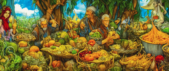 Fototapeta na wymiar Artistic concept painting of a food in baskets, background illustration.