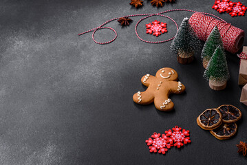 Delicious gingerbread cookies with honey, ginger and cinnamon. Winter composition