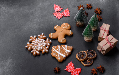 Delicious gingerbread cookies with honey, ginger and cinnamon. Winter composition