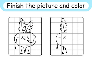 Fototapeta premium Complete the picture beetroot. Copy the picture and color. Finish the image. Coloring book. Educational drawing exercise game for children