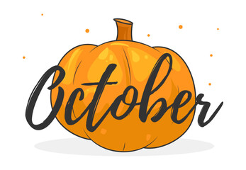 Obraz premium Hello october. Autumn word on white background with pumpkin. With leaves and pumpkin. Hand drawn Calligraphy lettering Vector illustration 