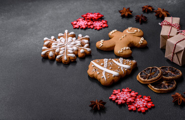Delicious gingerbread cookies with honey, ginger and cinnamon. Winter composition
