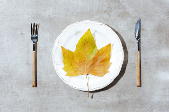 autumn flat lay on grey background with cutlery