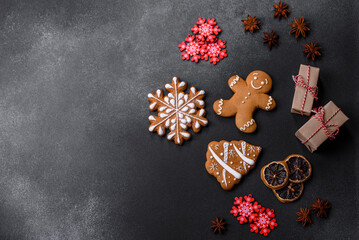 Delicious gingerbread cookies with honey, ginger and cinnamon. Winter composition
