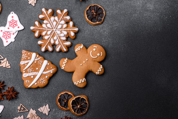 Delicious gingerbread cookies with honey, ginger and cinnamon. Winter composition