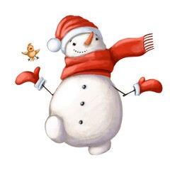 snowman with bird walking watercolor illustration with cartoon character