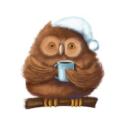 Obraz premium sleepy owl with cup of hot drink, good morning illustration with cartoon character