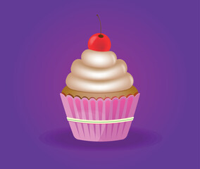 3d cherry cupcake purple background