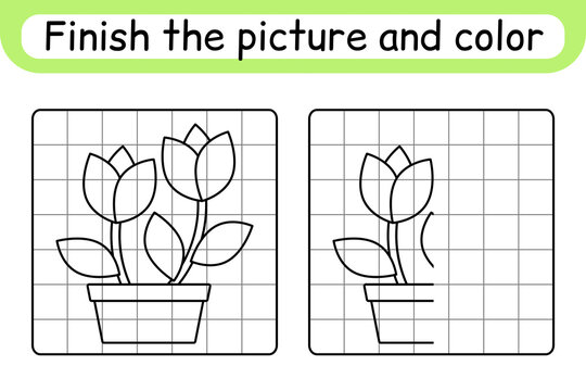 Complete the picture flower tulip. Copy the picture and color. Finish the image. Coloring book. Educational drawing exercise game for children