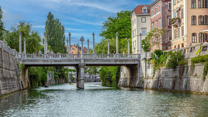 Fototapeta na wymiar View of the Cobblers' Bridge, Ljubljana, Slovenia