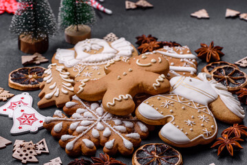 Delicious gingerbread cookies with honey, ginger and cinnamon. Winter composition
