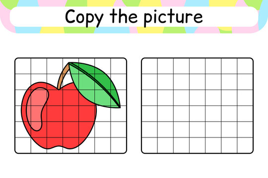 Copy the picture and color apple. Complete the picture. Finish the image. Coloring book. Educational drawing exercise game for children