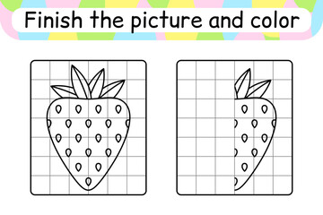 Complete the picture strawberry. Copy the picture and color. Finish the image. Coloring book. Educational drawing exercise game for children