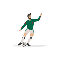 Fototapeta na wymiar Jugador de fútbol de la Copa Mundial, vestimenta verde, pateando el balón. Hombre con ropa deportiva