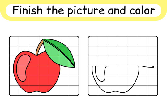 Complete the picture apple. Copy the picture and color. Finish the image. Coloring book. Educational drawing exercise game for children