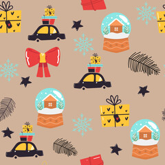 Seamless Christmas pattern with cartoon car with present Snowball . Wrapping paper design. bow, present, Perfect for holiday invitations, winter greeting cards, wallpaper and gift pape