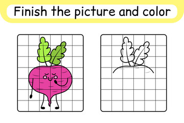 Complete the picture beetroot. Copy the picture and color. Finish the image. Coloring book. Educational drawing exercise game for children