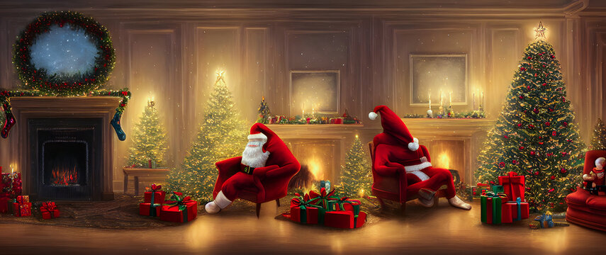 Artistic concept painting of a beautiful festively decorated home with Christmas tree, background illustration.