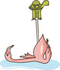 Yoga pose with pink flamingo and turtle, vector illustration art