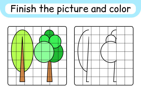 Complete the picture tree. Copy the picture and color. Finish the image. Coloring book. Educational drawing exercise game for children