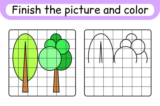 Complete the picture tree. Copy the picture and color. Finish the image. Coloring book. Educational drawing exercise game for children