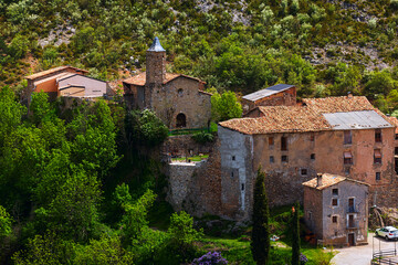 View of the pastoral village of Yeba in the Pyrenees mountains