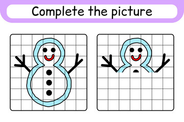 Complete the picture snowman. Copy the picture and color. Finish the image. Coloring book. Educational drawing exercise game for children