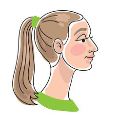 Portrait of a beautiful young woman with a ponytail in profile. Line style with colored spots. Isolated on white background. Vector flat illustration
