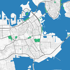 Manama vector map. Detailed map of Manama city administrative area. Cityscape panorama illustration. Road map with highways, streets, rivers.