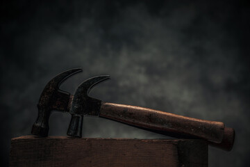 set of two carpentry hammers on top of old rustic wooden workbench
