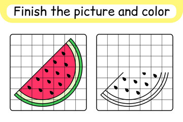 Complete the picture watermelon. Copy the picture and color. Finish the image. Coloring book. Educational drawing exercise game for children