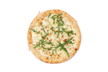 Pizza with cream sauce, 4 kinds of cheese, walnuts and fresh arugula salad isolated over white background. Top view. Copy space