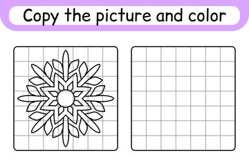 Copy the picture and color snowflake. Complete the picture. Finish the image. Coloring book. Educational drawing exercise game for children