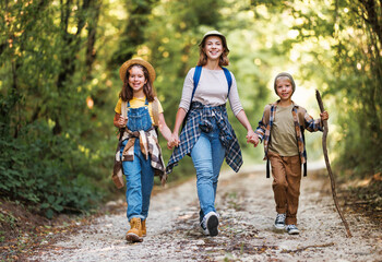 happy family mother and children with backpacks went hiking in   forest - 528303572