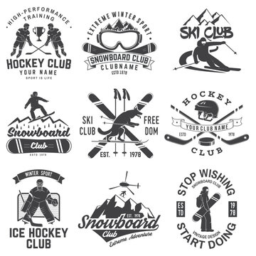 Ice Hockey, Ski and Snowboard Club emblem. Vector. Concept for shirt, print, stamp, badge. Vintage typography design with ice hockey player, snowboarder and skier silhouette. Winter sport.