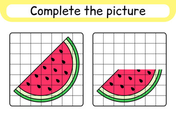 Complete the picture watermelon. Copy the picture and color. Finish the image. Coloring book. Educational drawing exercise game for children