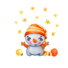 Cute cartoon snowman in an orange striped hat with a pom-pom and stars. Watercolor children's illustrations on a white background for postcards, scrapbooking, holiday design.