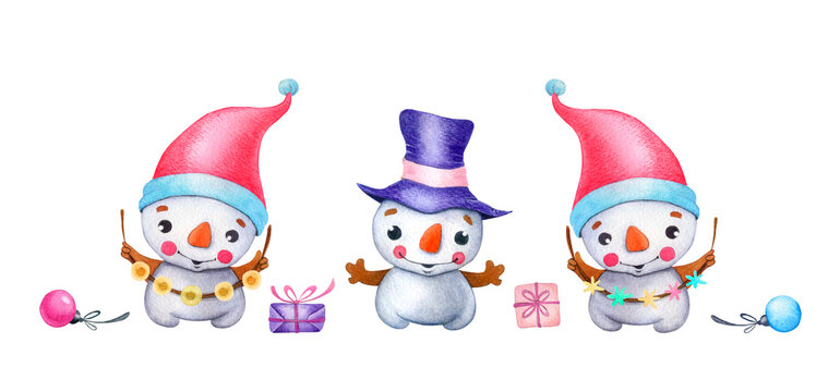 Watercolor set of cartoon snowmen in hats with garlands, gifts and Christmas balls. Нand painted
illustration isolated on white background, can be used for Christmas, New Year, winter design.