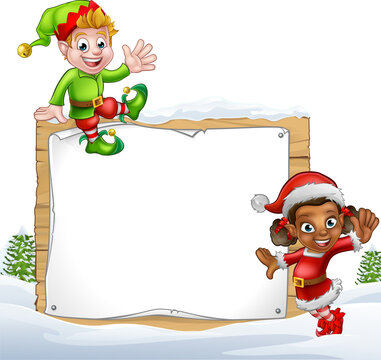 Christmas Elf Cartoon Characters Snow Sign